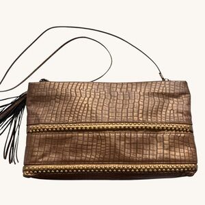 Brown Croc-Embossed Leather Crossbody Bag with Tassel